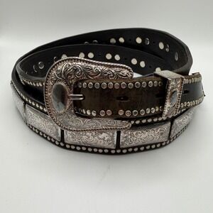 Nadim USA Mens Western Leather Square Concho Belt Brown Silver Studded 42